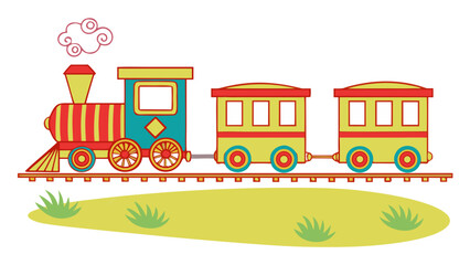 Obraz premium Children’s toy train with three colorful carriages, bright playful vector illustration, cute cartoon railway clipart for preschool, nursery, and kids’ learning design