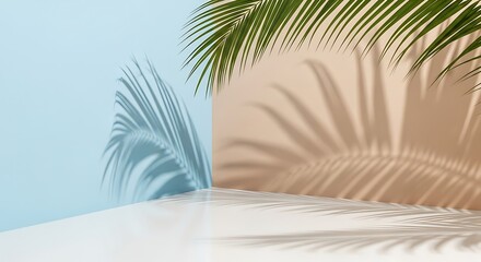 Tropical palm leaf shadow play on pastel colored walls and reflective surface