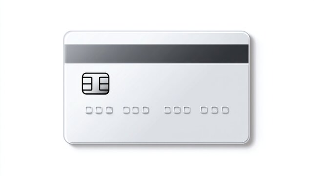 A clean, white credit card with a dark gray magnetic stripe, embossed numbers, and a microchip symbol is shown against a white background.  It casts a subtle shadow