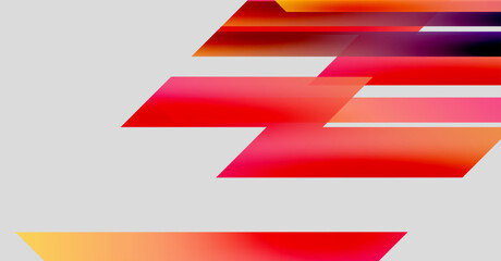 Abstract geometric design. Red, orange, purple gradients overlap gray background. Modern, dynamic composition, simple shapes.