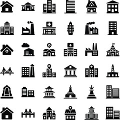 Collection of diverse building icons for architectural and city planning