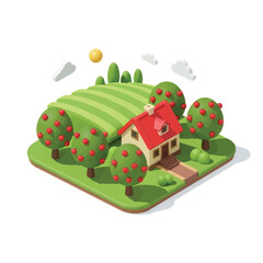 Fototapeta premium Isometric illustration of a house in a field with apple trees.