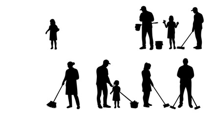 Fototapeta premium Simple Silhouette Cleaning Family Activity Set Home Chores and Assistance