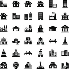 Collection of diverse building icons for architecture and city design