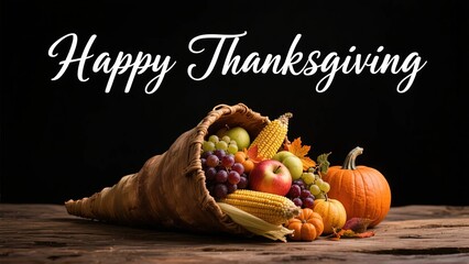 A cornucopia filled with fruits, vegetables, and autumn harvest items on a wooden surface with 'Happy Thanksgiving' text.