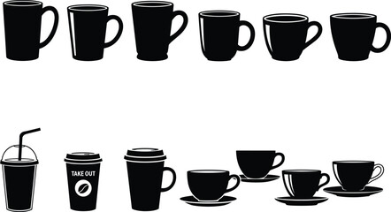 Collection of coffee cup and mug silhouette icons including takeaway cups teacups with saucers espresso mugs vector design illustration set