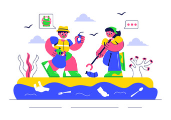 Ocean Cleanup Campaign Illustration Featuring Cleaning the Sea Beach from Trash and Garbage to Restore Nature and Promote Environmental Awareness