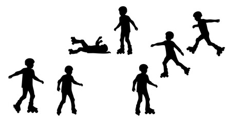 Silhouette Little Boy Roller Skating Outdoor Activity in Different Poses Clip Art