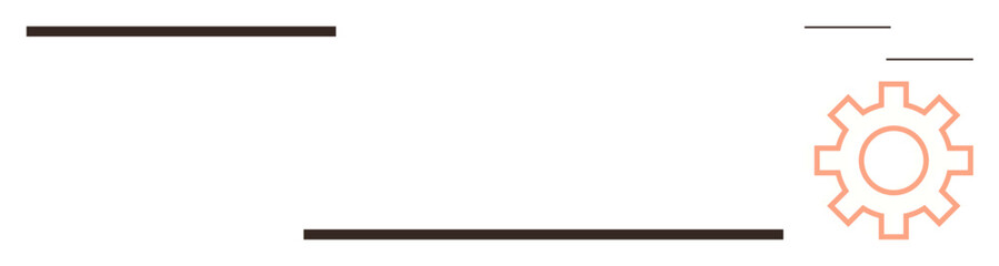 Gear icon in orange paired with simple horizontal black lines. Ideal for workflow, system, process, technology, mechanics, engineering, efficiency. Clean and simple flat metaphor