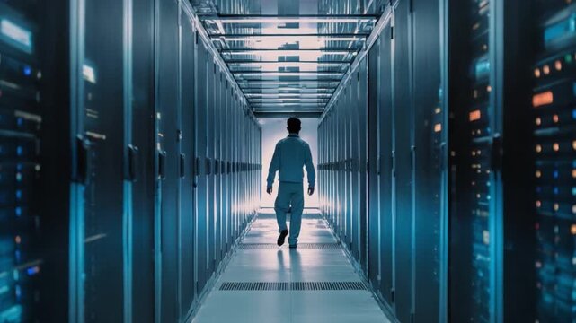 Navigating the Digital Labyrinth: A lone figure, dwarfed by towering server racks, walks through a cutting-edge data center, highlighting the vastness of technology and data management.