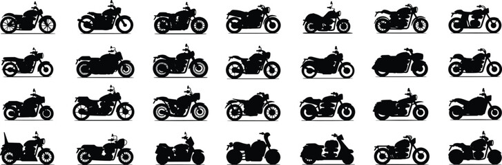 Obraz premium Collection of motorcycle silhouette vector illustrations featuring classic bikes, modern motorbikes, scooters, choppers, transportation icons, riding lifestyle design elements