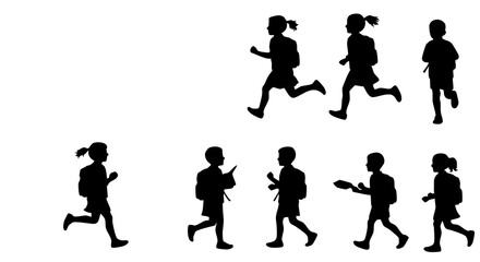 Silhouette Depiction of Children Running and Walking in Various Poses Illustration