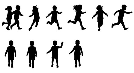 Silhouette Group of Energetic Children Running and Playing Illustration