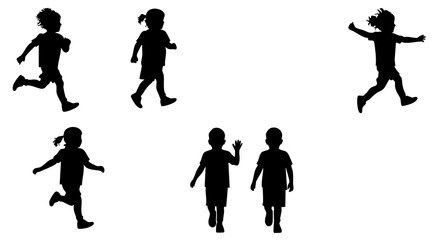 Silhouette Dynamic Child Running and Jumping Isolated Activity Set Illustration