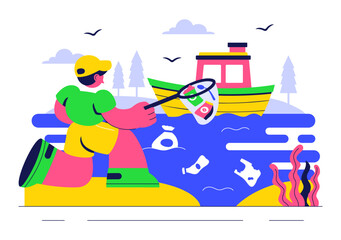 Ocean Cleanup Campaign Illustration Featuring Cleaning the Sea Beach from Trash and Garbage to Restore Nature and Promote Environmental Awareness