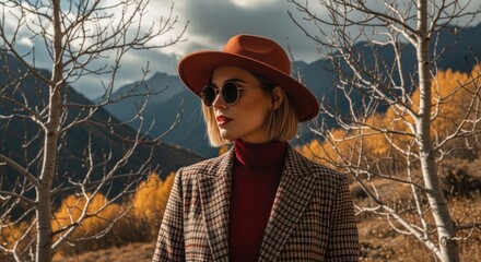 Stylish woman poses outdoors, wearing a hat and sunglasses, with fall foliage and mountains in the background.
