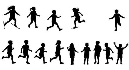 Black Silhouette Diverse Group of Children Playing and Running Illustration
