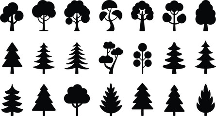 Collection of tree silhouette vector illustrations including pine trees, nature icons, forest elements, landscape design symbols, eco-friendly environmental graphics set