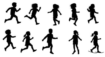 Silhouette Group of Children Running Playing Energetically Isolated on White Background