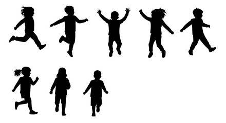 Minimalist Silhouette Group of Children Playing and Jumping Illustration