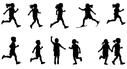 Silhouette Running Child Collection Diverse Action Poses Isolated Group Illustration