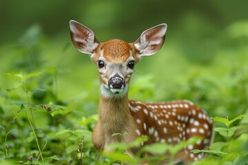 Cute Fawn in Green Forest. It shows a spotted fawn amidst lush green foliage. Great for nature photography, wildlife - themed designs, or environmental conservation materials.