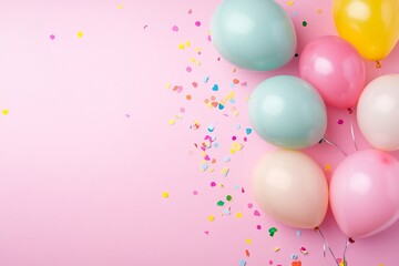 Pastel balloons confetti celebrate a joyous occasion soft pink background cheerful pastel tones festive mood