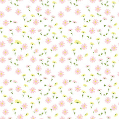 Delicate seamless pattern of small pink yellow and gray flowers and green leaves for fabrics and decor