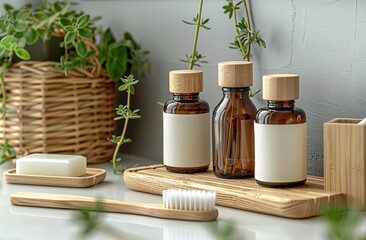 Natural Bathroom Essentials. It shows eco - friendly toiletries like bottles, a toothbrush, and soap with plants. Ideal for wellness blogs, sustainable living ads, or bathroom product promotions.

