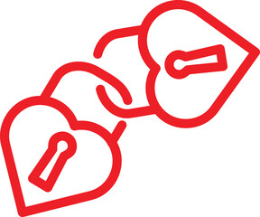 Vector illustration of two heart locks connected in a chain. Symbol of strong love, bond, trust, security, relationship, and Valentine’s Day. Minimal red line art for romantic design concepts.