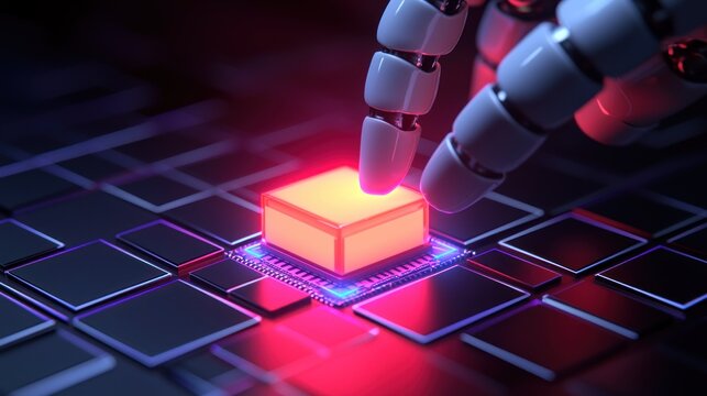 Robot hand pushing a glowing button on a dark circuit board
