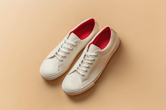 A pair of white canvas sneakers with red sole and minimal detailing, resting on a light brown background - Powered by Adobe