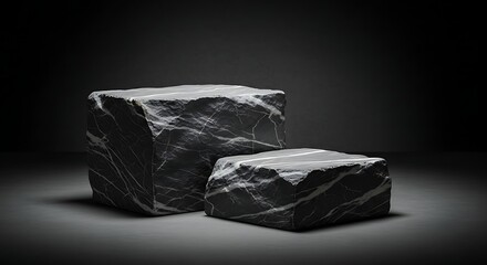 Fototapeta premium Two rough, dark stone blocks with white veins, presented on a dark, moody background with spotlighting