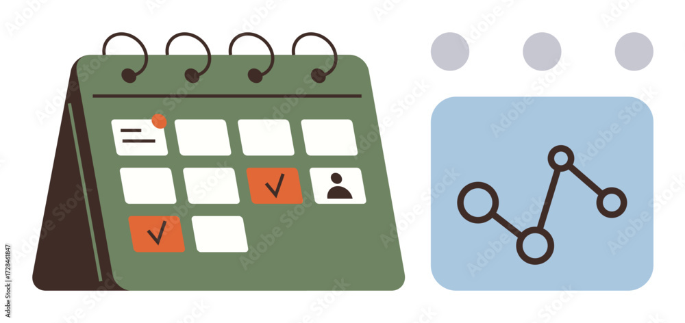 Aufkleber desktop calendar displaying tasks, deadlines, and profiles alongside a data graph representing analy