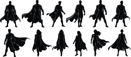 Silhouette superhero characters collection vector illustration with cape strong male female hero standing poses comic book style shadow designSilhouette superhero characters collect