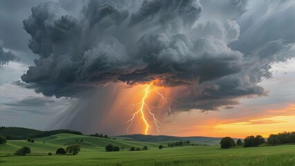 Dramatic thunderstorm with lightning striking over a green rural landscape at sunset