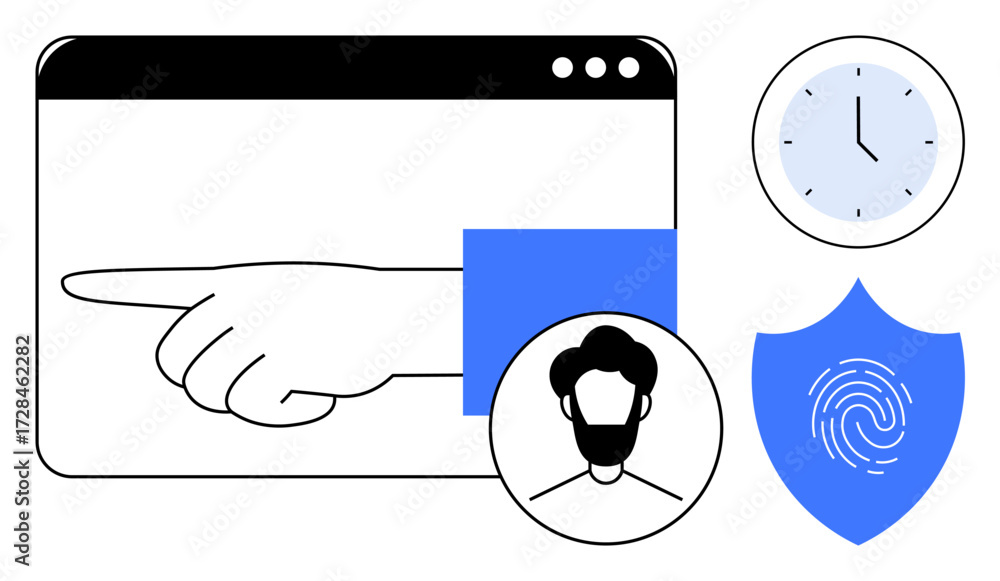 Aufkleber hand pointing inside browser window, user profile, fingerprint on shield, and clock. ideal for authe