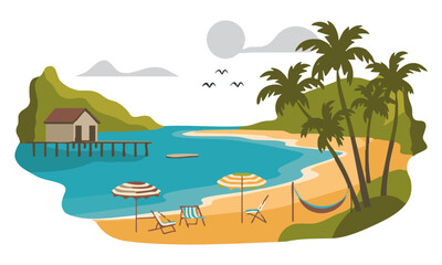 Tropical Beach House with Palms Minimal Flat Vector illustration Summer Scene, Summer themes, Sea beach , easily editable.