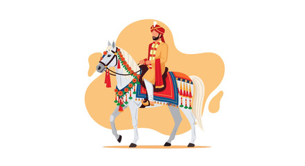 Illustration of an Indian man, likely a groom or royalty, riding a decorated white horse, potentially for a wedding or cultural celebration, set against an abstract background