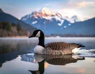 Canada goose on a serene lake at sunrise, mountains in the background