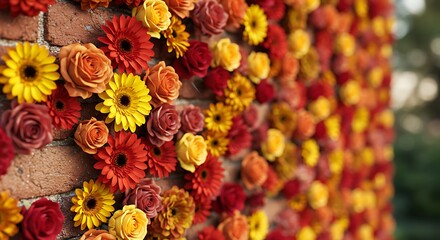Colorful flowers decorated brick wall
