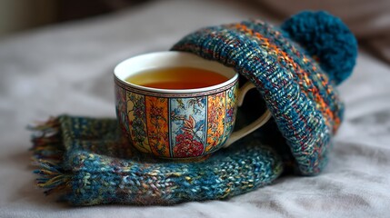 Mug cozy aromatic tea beverage scarf and hat