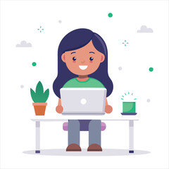 A girl working in a room flat vector illustration