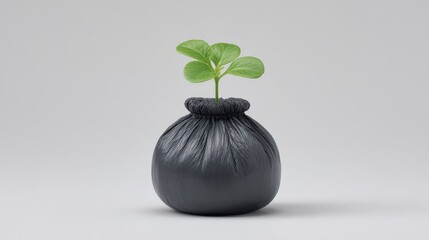 Creative blend of nature and waste with a green sprout emerging from a black garbage bag. National Recycling Day and Week,  America Recycles Day