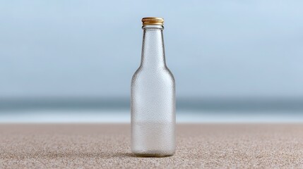 Half-buried plastic bottle waiting to be discovered on a serene beach at sunrise, showcasing nature's struggle with waste. National Recycling Day and Week,  America Recycles Day