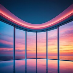 Obraz premium Ocean view from modern room with pink and blue sunset reflection on the floor space