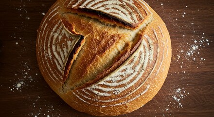 Freshly baked artisan bread loaf on a wooden surface with flour dusting