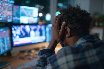 Rear view of a man holding his head in frustration while watching multiple trading screens with financial charts. Represents stock market stress, business pressure, and economic downturn.