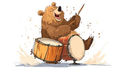 Cartoon brown bear enthusiastically plays drums with flying musical notes