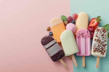 Colorful ice pops on pastel background.  Fresh fruit and toppings